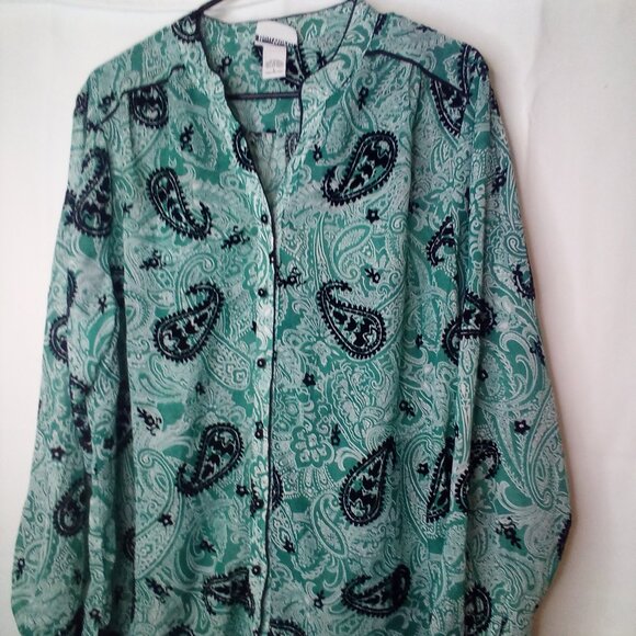 Bon Worth Blouse L Long Sleeve Button Up Simi Sheer Velvet Detail Green Black - Picture 1 of 14